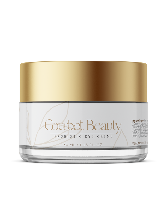 Courbet Beauty Probiotic eye creme brightening eye crème contains pH balancing Probiotics and is formulated to inhibit melanin production and illuminate the skin around the eyes.