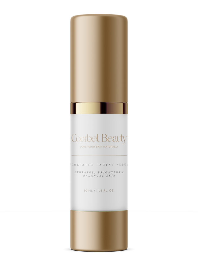 Courbet Beauty probiotic facial serum -PH balancing Probiotics inhibit melanin production and evens skin tone in this revitalizing serum. Caffeine rich Green Tea increases circulation to depuff the area while Pomegranate tightens and hydrates skin